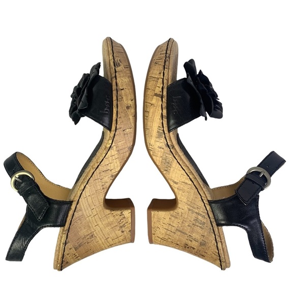 b.o.c. Black Soft Leather Flower Slingback Cork Heels Sandals Sz 9/40.5 - Picture 7 of 9